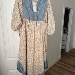 Floral Blue and Cream Kids Dress